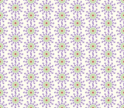Violet swirl or spiral and circle pattern on pastel background. Vintage and sweet seamless pattern for retro or classic design