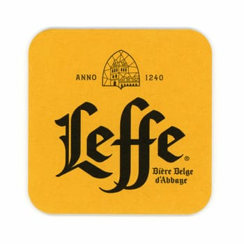 BRUSSELS, BELGIUM - CIRCA MAY 2019: Beermat of Belgian beer Leffe