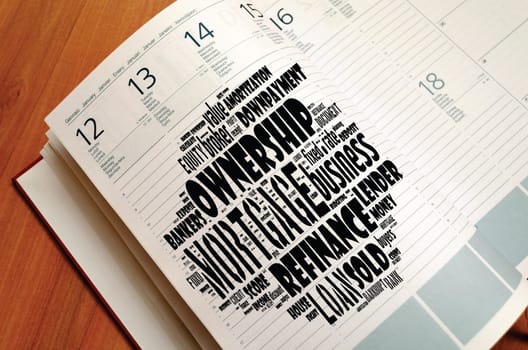 Mortgage word cloud collage over notepad background