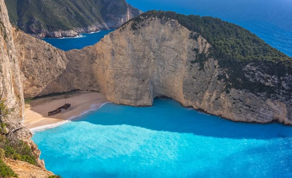 Stunning view of the cliffs in Shipwreck Cove in summer on Zante Island, Greece