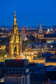 Edinburgh Cityscape from Calton Hill sunset dusk, Edinburgh, Scotland UK