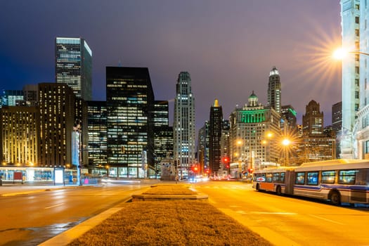 Chicago Skylines building along Chicago magnificent mile at Chicago downtown in Chicago City Illinois USA. Sunset
