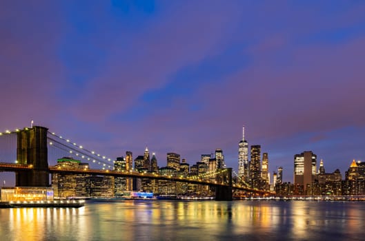 Brooklyn bridge with Lower Manhattan skyscrapers bulding for New York City in New York State NY , USA