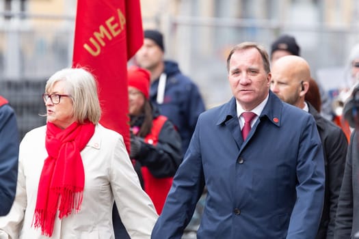 UMEA, SWEDEN - MAY 1, 2019 - Stefan Löfven Prime Minister of Sweden walking through the streets on 1st of May parade in Umeå.