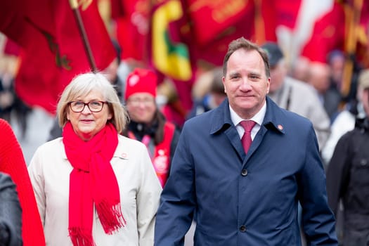 UMEA, SWEDEN - MAY 1, 2019 - Stefan Löfven Prime Minister of Sweden walking through the streets on 1st of May parade in Umeå.