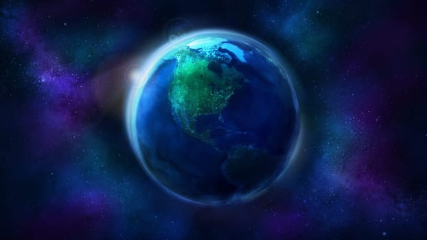Realistic Earth from space showing North and South America. Globe is half illuminated by the sun.