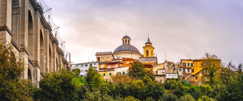 Ariccia bridge and village skyline panoramic horizontal rome suburb in Lazio on Castelli Romani .