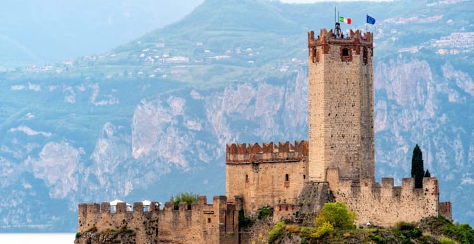 Malcesine Castle of Castello Scaligero on the Lago di Garda lake in Italy Verona province Veneto region .