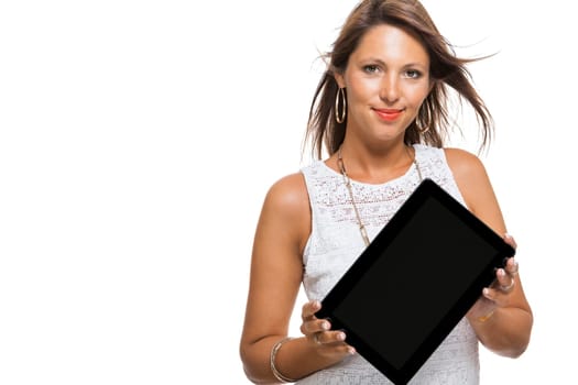 Young attractive woman with tablet PC for presentation with text space isolated on white background