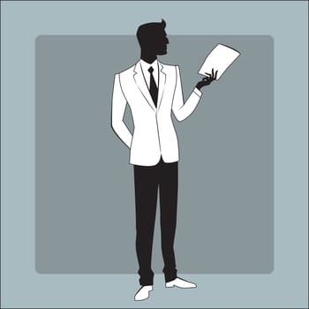 Businessman in modern clothes reads the report icon symbol