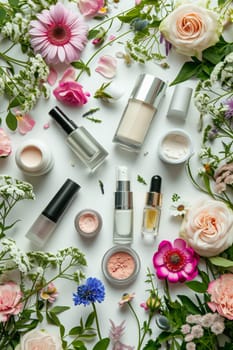various cosmetics and flowers, Generative AI, nature
