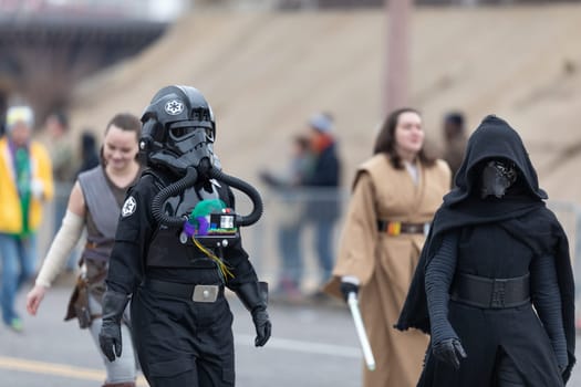 St. Louis, Missouri, USA - March 2, 2019: Bud Light Grand Parade, People dress up as Star Wars characters walking down 7th street during the parade