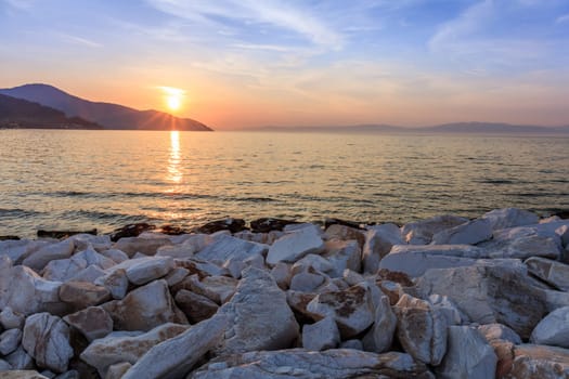 Sunset in Limenas harbour. Island of Thassos, Greece