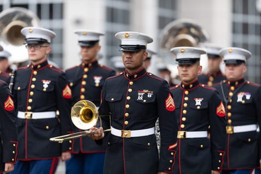 Wilmington, North Carolina, USA - April 6, 2019: The North Carolina.Azalea Festival, Members of the United States Marine Corps marching band performing at the parade