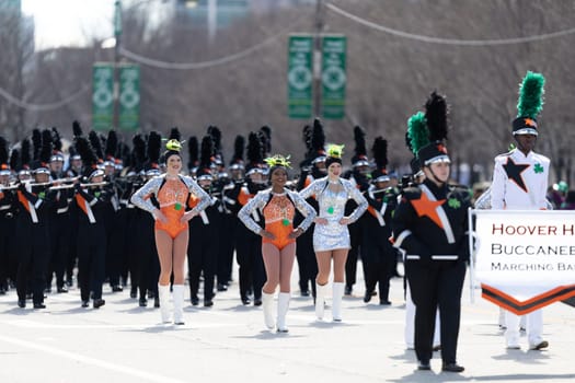Chicago, Illinois, USA - March 16, 2019: St. Patrick's Day Parade, The Hoover High School Marching Band Performing at the parade