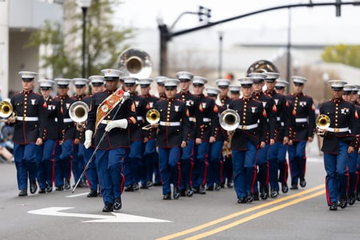 Wilmington, North Carolina, USA - April 6, 2019: The North Carolina.Azalea Festival, Members of the United States Marine Corps marching band performing at the parade