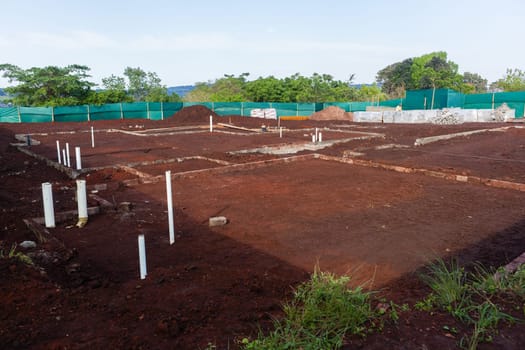 Construction design of new house foundations layout earth works soil  for rooms and plumbing pipes