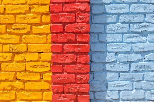 Brick wall painted blue outside decor texture detail color closeup background building structure..