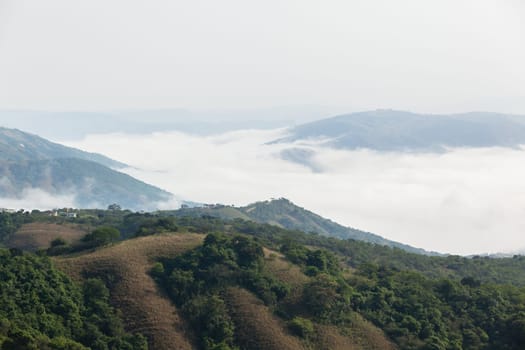 Overlooking rural valley with summer cloud mist over the tribal homes landscape.