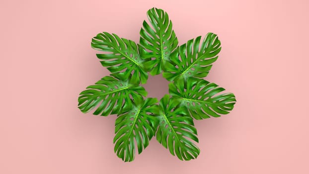 Realistic palm leaves on Coral Living background for cosmetic ad or fashion illustration. Tropical frame exotic banana palm. 3D render