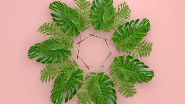 Realistic palm leaves on Coral Living background for cosmetic ad or fashion illustration. Tropical frame exotic banana palm. 3D render
