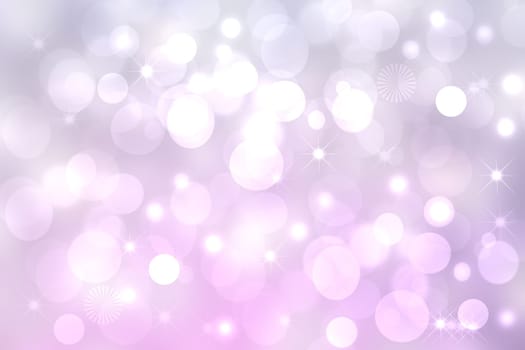 Abstract gradient of pink violet pastel light background texture with glowing circular bokeh lights and stars. Beautiful colorful spring or summer backdrop.