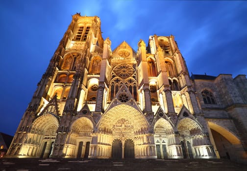 West facade of Saint-Etienne Cathedral at blue hour, Bourges, Centre-Val de Loire, France