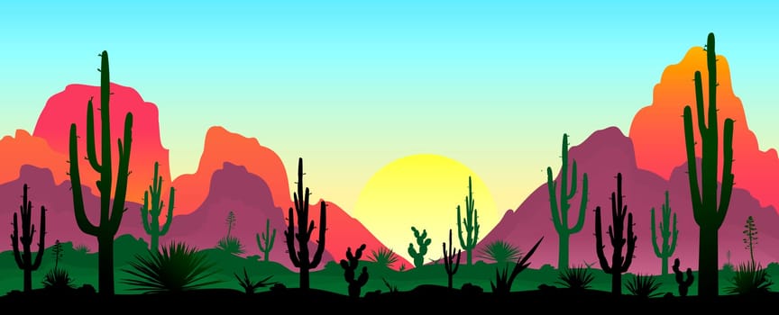 Sunset in the desert. Silhouettes of stones, cacti and plants. Desert landscape with cacti. The stony desert.