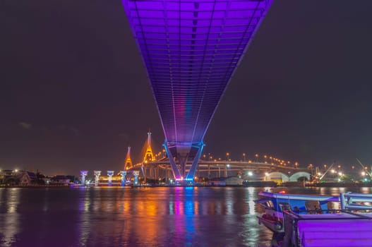 Bhumibol Bridge, Chao Phraya River Bridge. Turn on the lights in many colors at night.