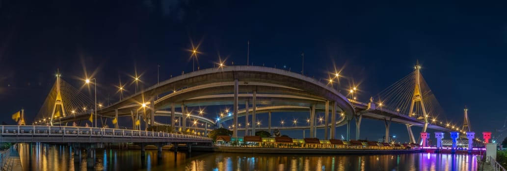 Bhumibol Bridge, Chao Phraya River Bridge. Turn on the lights in many colors at night.
