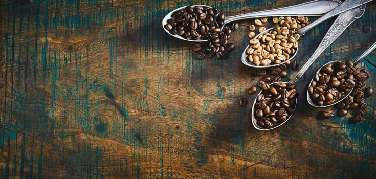 Assorted roasted and raw coffee beans displayed in the corner in vintage silver spoons overflowing onto a rustic wood table in a panorama banner with copy space