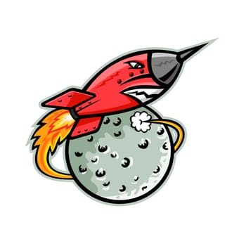 Mascot icon illustration of vintage rocket ship or spaceship launching, flying or taking-off from the moon on isolated background in retro style.