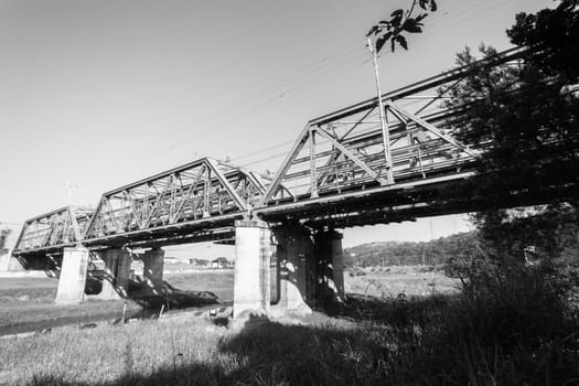 Railway bridge closeup steel tracks structure river crossing city countryside route.