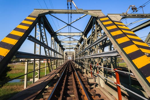 Railway bridge closeup steel tracks structure river crossing city countryside route.