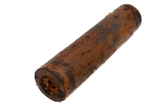 very dirty rusty water filter on white background