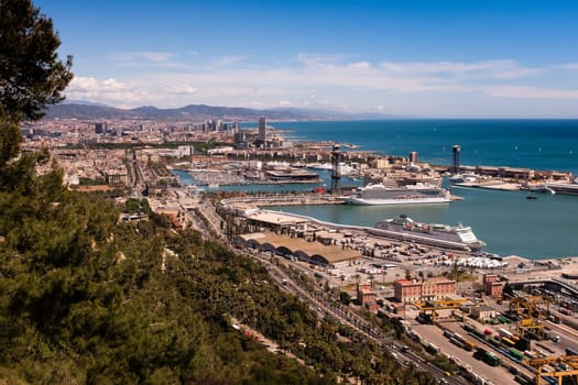 Panoramic view over Port Vell from the summit of Montjuïc, Barcelona, Catalonia, Spain