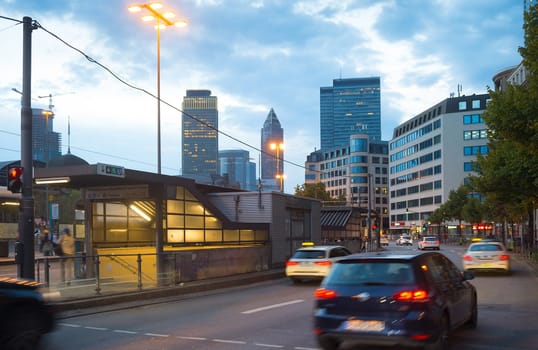 Traffic on a road in Downtown of Frankfurt, Germany. Motion blur