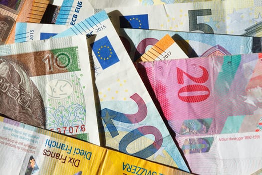 European currencies, colorful banknotes