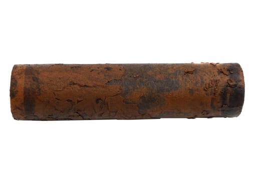very dirty rusty water filter on white background