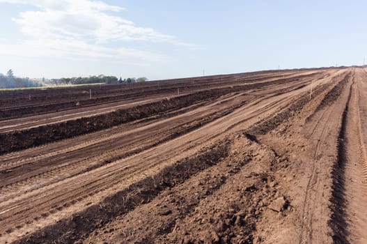 Farm field closeup tractor plowed earth soil detail agriculture background