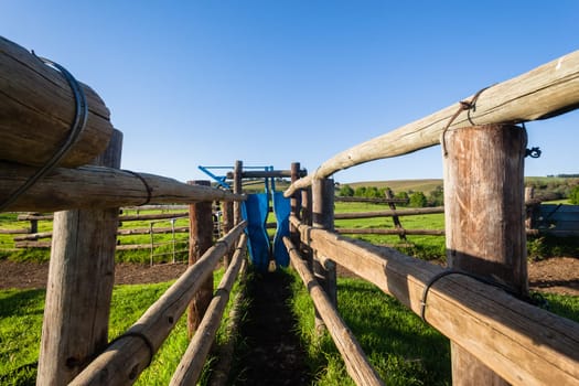 Farm rural fence wire poles cattle animal pen corral mountain landscape.