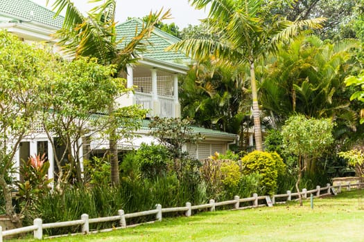 Houses homes surrounded green tropical landscaping trees vegetation on gated golf course..