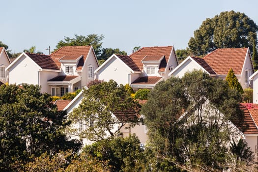 Homes houses cluster close living gated community in countryside with tree flora landscape..