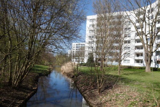 Residential house, skyscraper, moat, trees, Vahr, Bremen