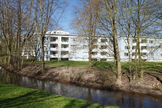 Residential house, skyscraper, moat, trees, Vahr, Bremen