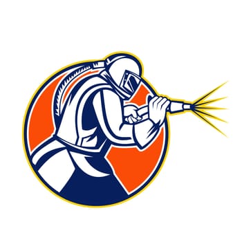 Mascot icon illustration of a sandblaster or sand blaster abrasive blasting viewed from side set inside circle  on isolated background in retro style.