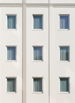 Window, window front with drawn curtains on a white monotonous house facade, Bremen, Germany, Europe