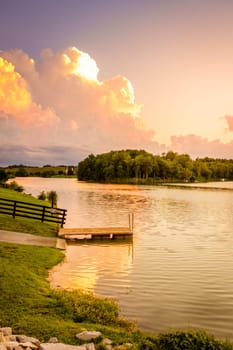 Scenic lake in Bluegrass region of Kentucky at sunset