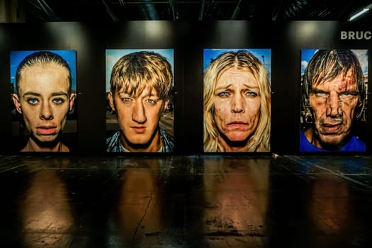 COLOGNE, GERMANY - SEPTEMBER 22, 2016: Photokina Exhibition interior. The Photokina is the world's largest trade fair for the photographic and imaging industries. Bruce Gilden portraits exhibition in the Photokina.