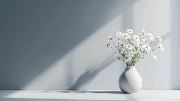 Soft natural light highlights a minimalist vase filled with white flowers against a smooth gray wall, creating a serene and modern atmosphere in a high-tech interior.